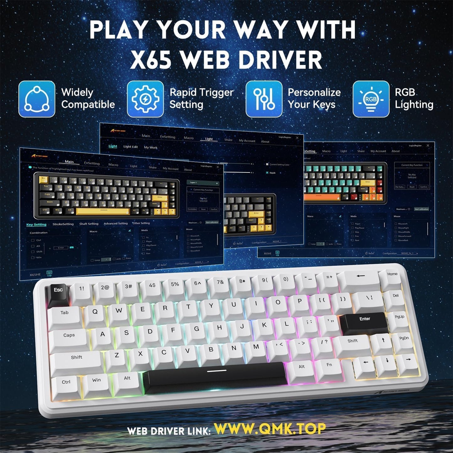 ATTACK SHARK X65 HE Wired RT 65% RGB Mechanical Gaming Keyboard - White