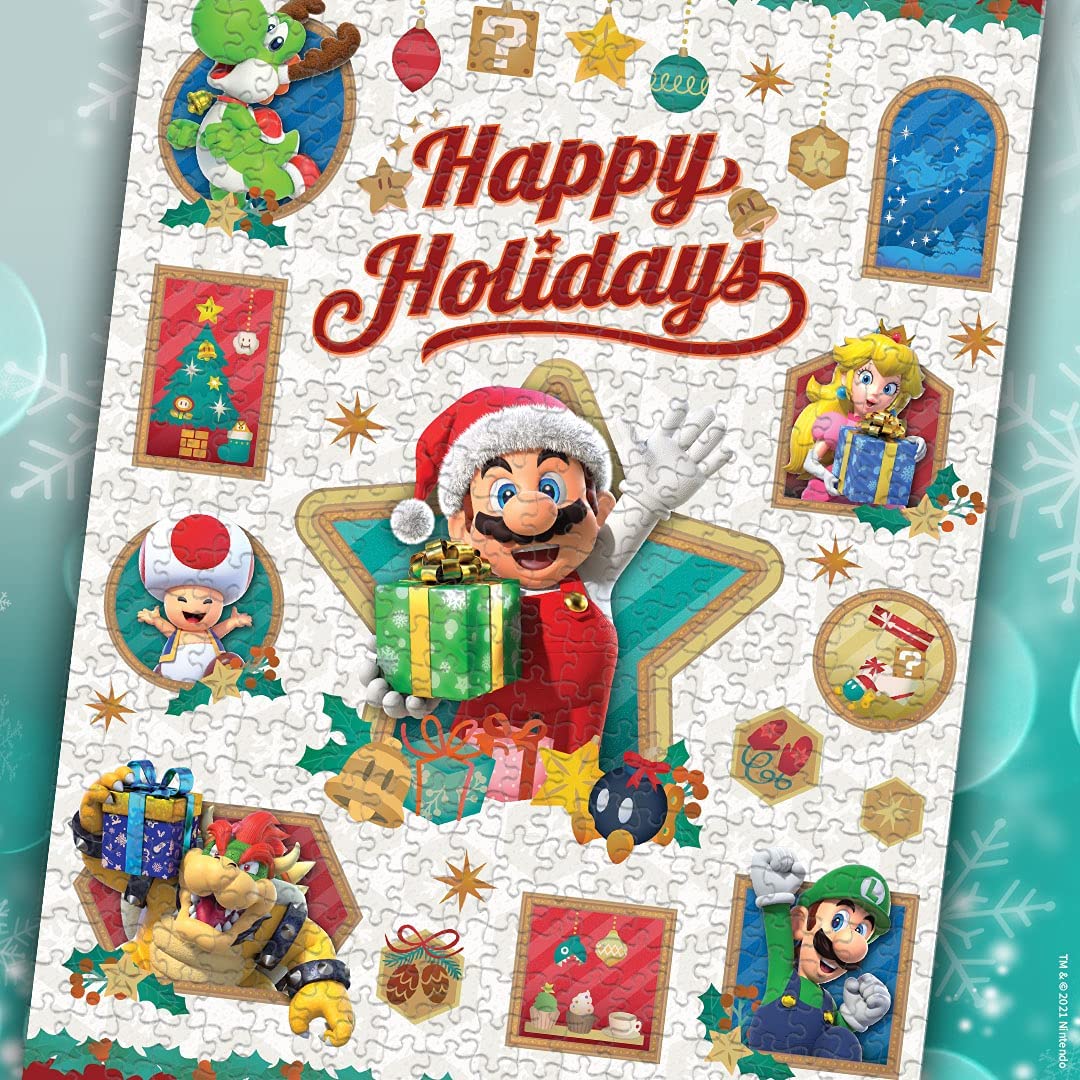 Super Mario Happy Holidays 1000 Piece Jigsaw Puzzle | Featuring Mario, Princess Peach, Bowser, Yoshi, and Luigi | Officially Licensed Merchandise