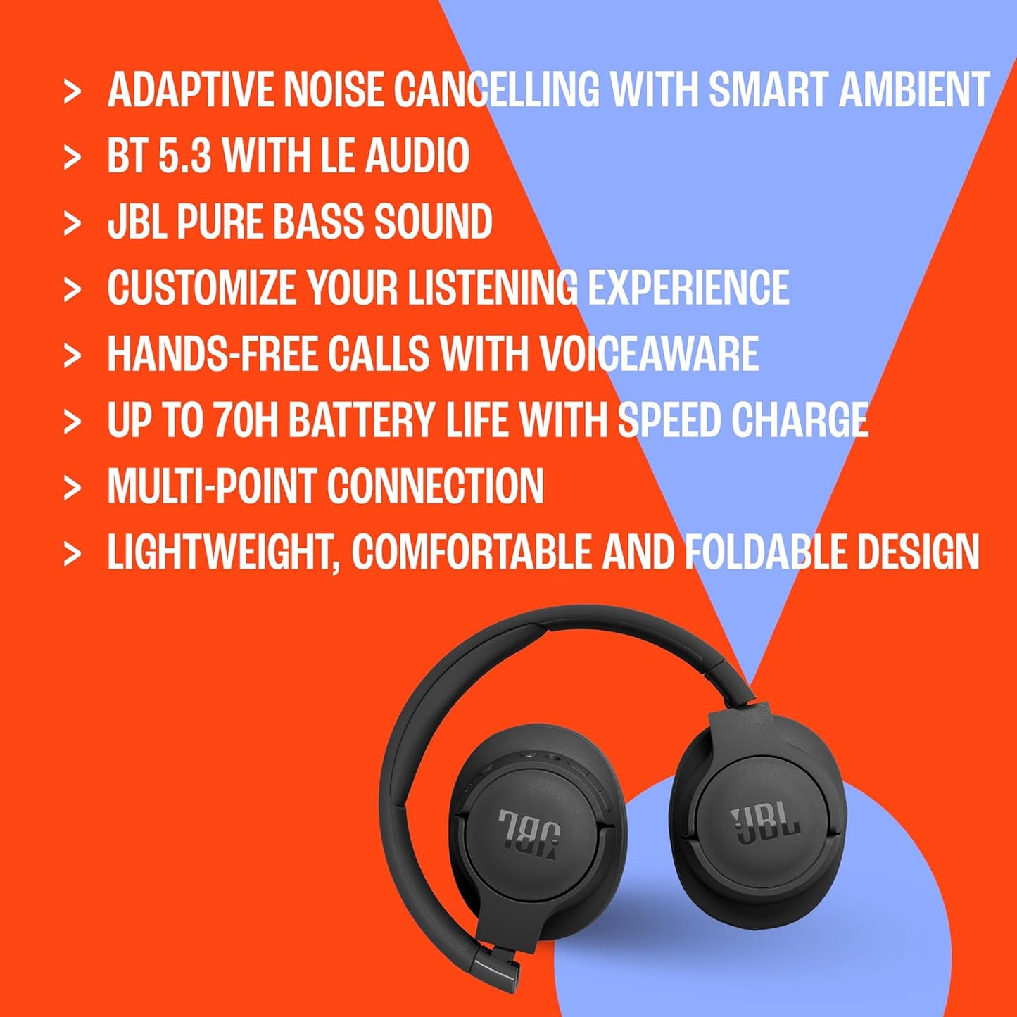 JBL Tune 770NC - Adaptive Noise Cancelling with Smart Ambient Wireless Over-Ear Headphones, Bluetooth 5.3, Up to 70H Battery Life - Black