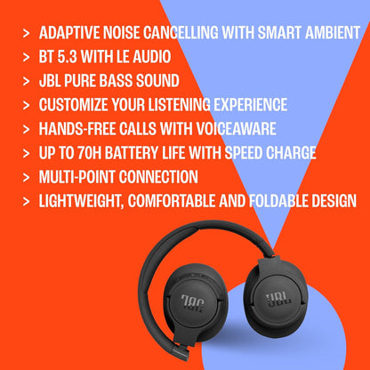 JBL Tune 770NC - Adaptive Noise Cancelling with Smart Ambient Wireless Over-Ear Headphones, Bluetooth 5.3, Up to 70H Battery Life - Black