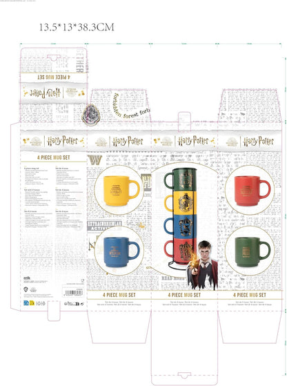Erik Harry Potter Coffee Cups Set of 4 Hogwarts Houses - Ceramic Coffee Mugs Gryffindor, Slytherin, Ravenclaw and Hufflepuff - Cups Set of 300 ml Each