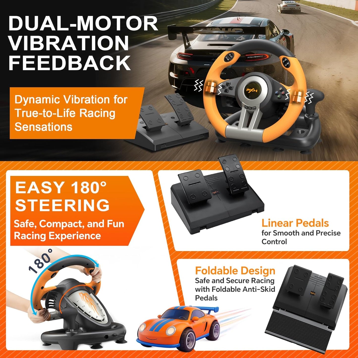 PXN V3 Pro 180 Degree Steering Wheel with Pedals, Vibration Feedback for PC, PS3, PS4, Xbox One & Series XS, Nintendo Switch - Orange