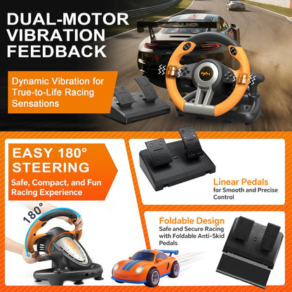 PXN V3 Pro 180 Degree Steering Wheel with Pedals, Vibration Feedback for PC, PS3, PS4, Xbox One & Series XS, Nintendo Switch - Orange