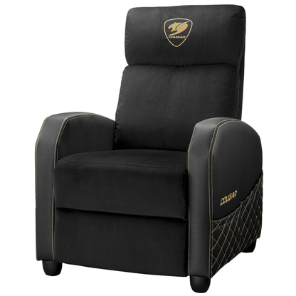 أريكة ألعاب كوغار رينجر إيليت جولد، قابلة للإمالة، تنجيد مخملي فاخر، جيب جانبي، مسند قدم قابل للطي ومسند ظهر قابل للإمالة 