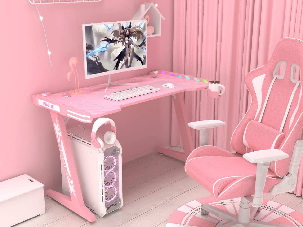 Z8 120CM Gaming Desk With Led Lights, Cup Holder and Headset Holder - Pink