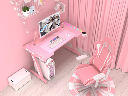 مكتب ألعاب Z8 بطول 120 سم مع أضواء LED وحامل أكواب وحامل سماعة رأس - وردي 