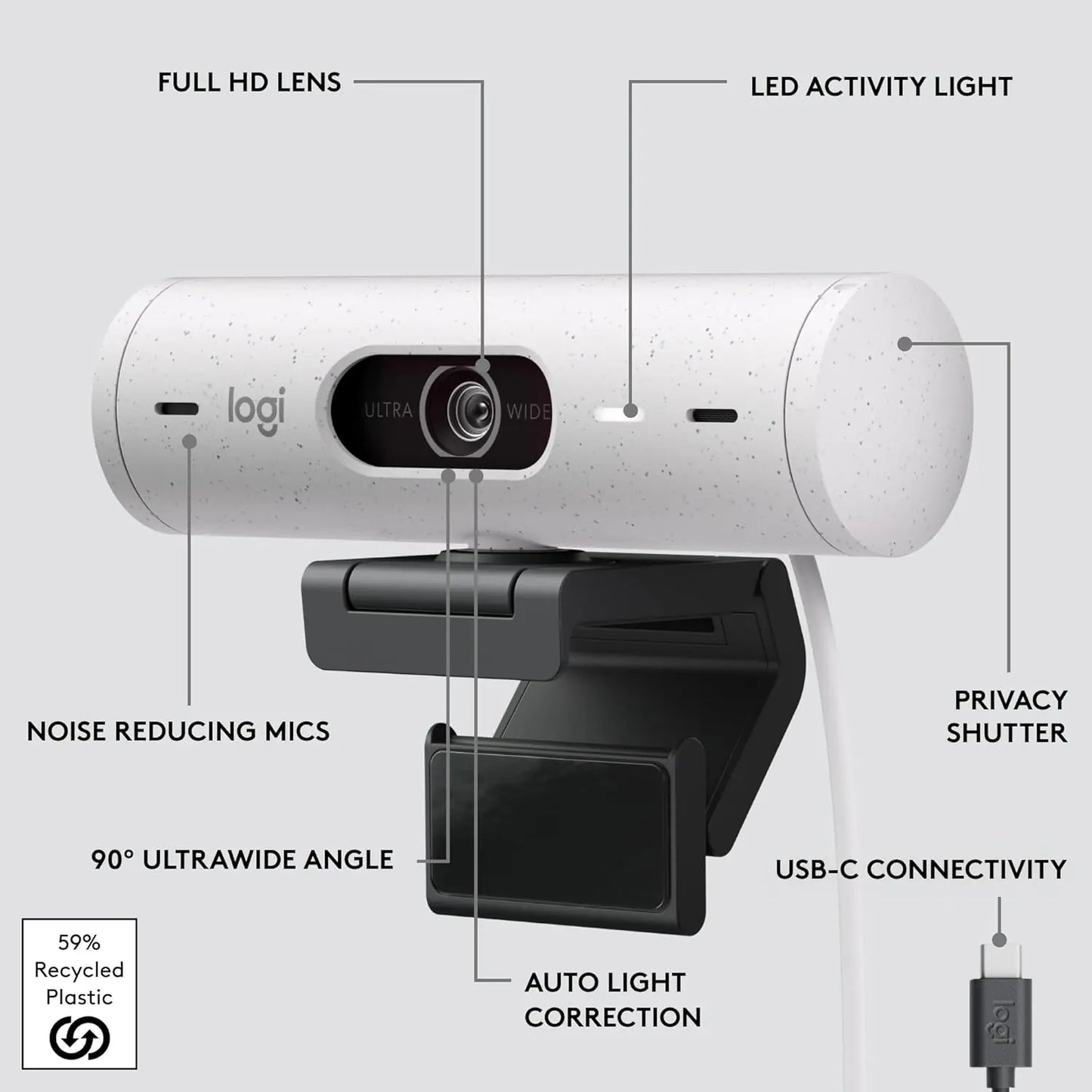 Logitech Brio 500 Full HD 1080p Webcam With Auto Light Correction RightLight 4, Auto-Framing RightSight - White