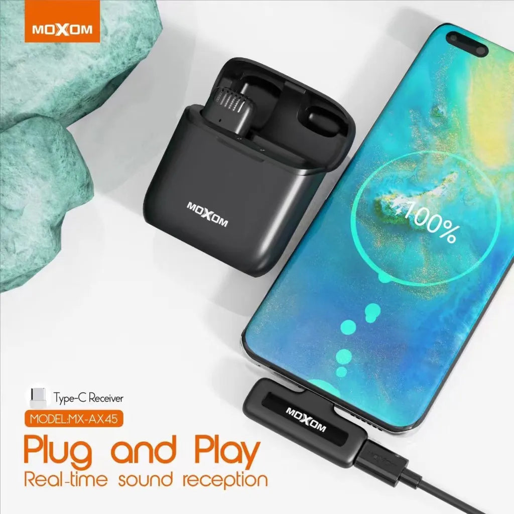 Moxom Noise Reduction Wireless Microphone – Plug & Play Lavalier Mic for Live Interviews - Lightning | Type-C