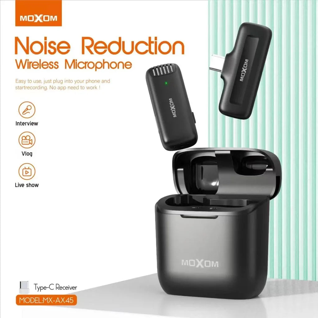 Moxom Noise Reduction Wireless Microphone – Plug & Play Lavalier Mic for Live Interviews - Lightning | Type-C