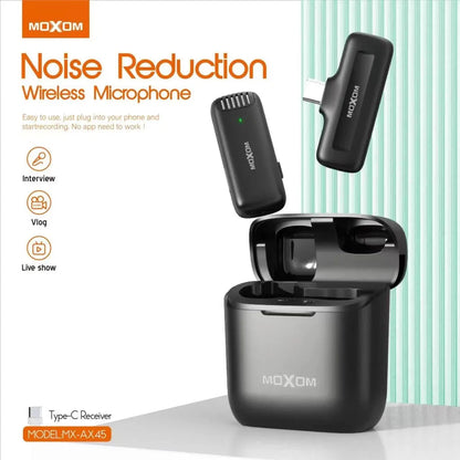 Moxom Noise Reduction Wireless Microphone – Plug & Play Lavalier Mic for Live Interviews - Lightning | Type-C