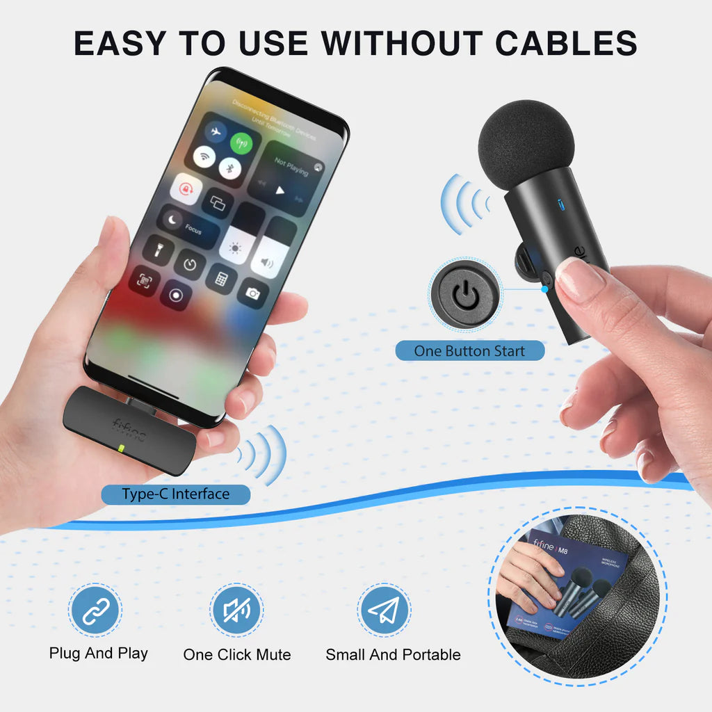 FIFINE M8 Dual Wireless Microphone Black – Lapel Mics with Quick-Mute Button, Plug & Play for Android, Clear Audio for Interviews, Podcasts, Vlogs & Live Recording