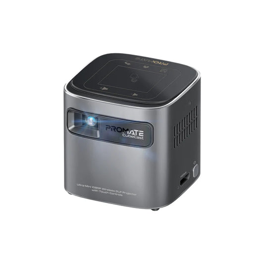 Promate CubeCast Ultra-Mini 1080P Wireless DLP Projector – Android 7.1, Touch Controls, Auto Keystone, Bluetooth 5.0, HDMI, Built-in Speaker, 3300mAh Battery, Tripod Included