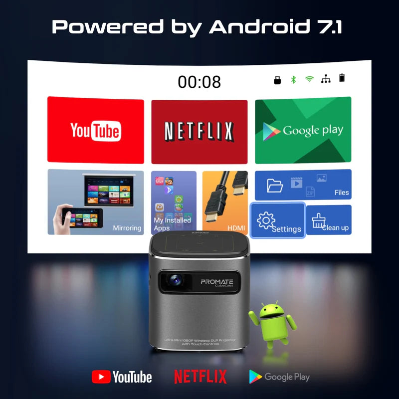 PROMATE CubeCast Ultra-Mini 1080P Wireless DLP Projector – Android 7.1, Touch Controls, Auto Keystone, Bluetooth 5.0, HDMI, Built-in Speaker, 3300mAh Battery, Tripod Included