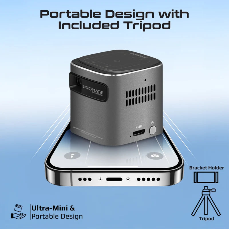 PROMATE CubeCast Ultra-Mini 1080P Wireless DLP Projector – Android 7.1, Touch Controls, Auto Keystone, Bluetooth 5.0, HDMI, Built-in Speaker, 3300mAh Battery, Tripod Included
