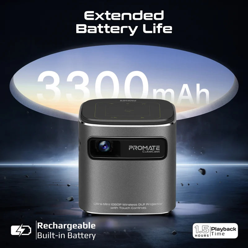 PROMATE CubeCast Ultra-Mini 1080P Wireless DLP Projector – Android 7.1, Touch Controls, Auto Keystone, Bluetooth 5.0, HDMI, Built-in Speaker, 3300mAh Battery, Tripod Included