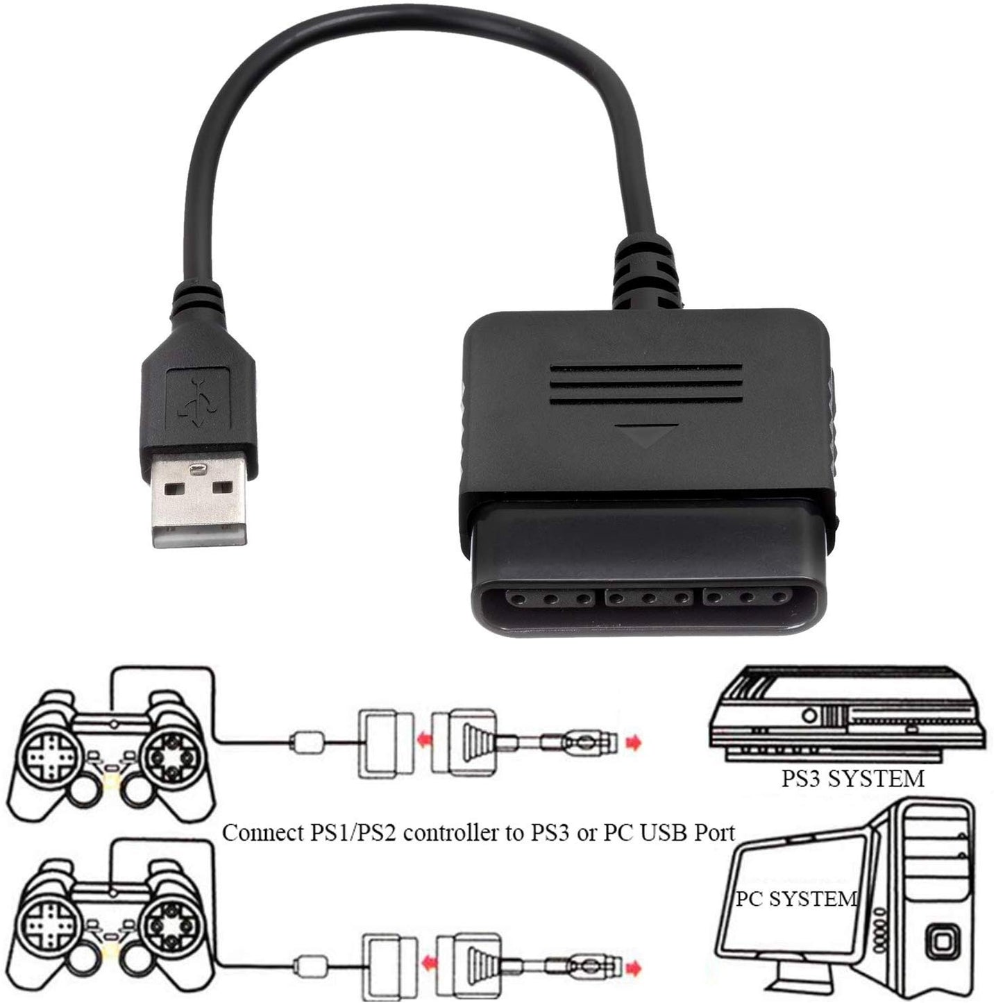 PS2 to USB Adapter for PlayStation 2 Controllers, Converter Cable for PC & PS3, Plug & Play