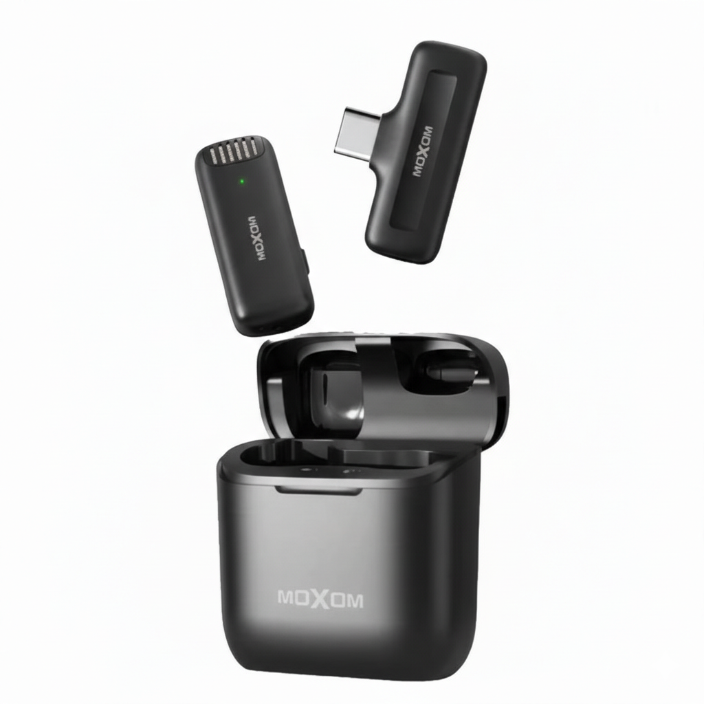 Moxom Noise Reduction Wireless Microphone – Plug & Play Lavalier Mic for Live Interviews - Lightning | Type-C