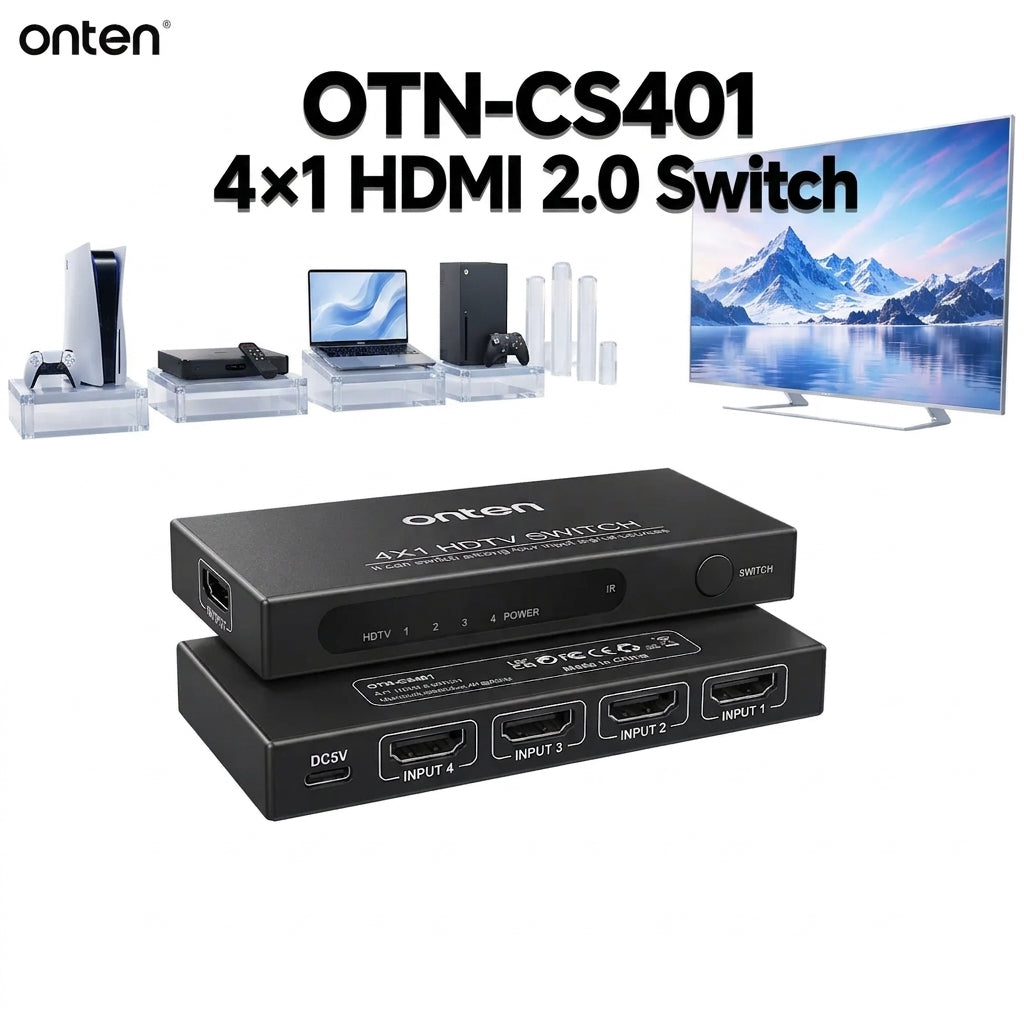 ONTEN OTN-CS401 4×1 HDMI 2.0 Switch – 4 HDMI Inputs to 1 Output, 4K@60Hz Ultra HD, Manual Source Switching & IR Remote Control With Up to 8M Range