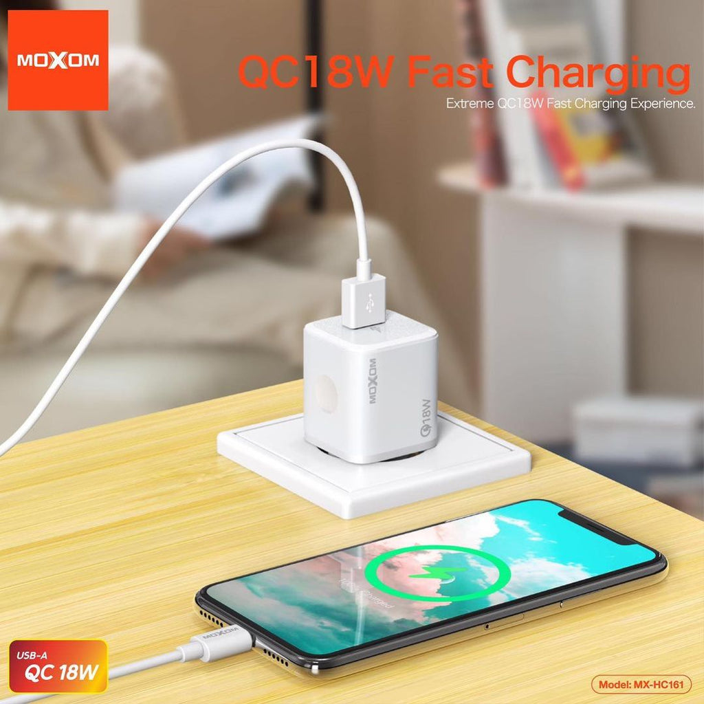 MOXOM QC18W USB-A Fast Charger with Cable - Lightning | Type-C