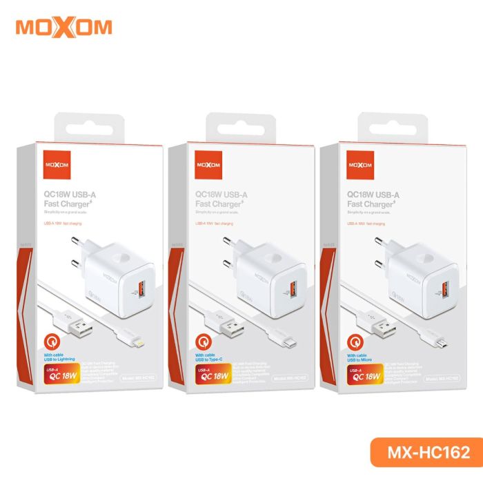 MOXOM QC18W USB-A Fast Charger with Cable - Lightning | Type-C