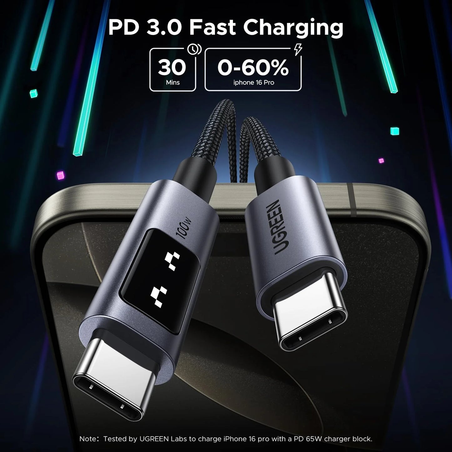 UGREEN UNO USB-C To USB-C PD Fast Charging Cable 1M 100W Smart LED Display Nylon Braided Durable Design 480Mbps Data Transfer Compatible With Laptops Tablets