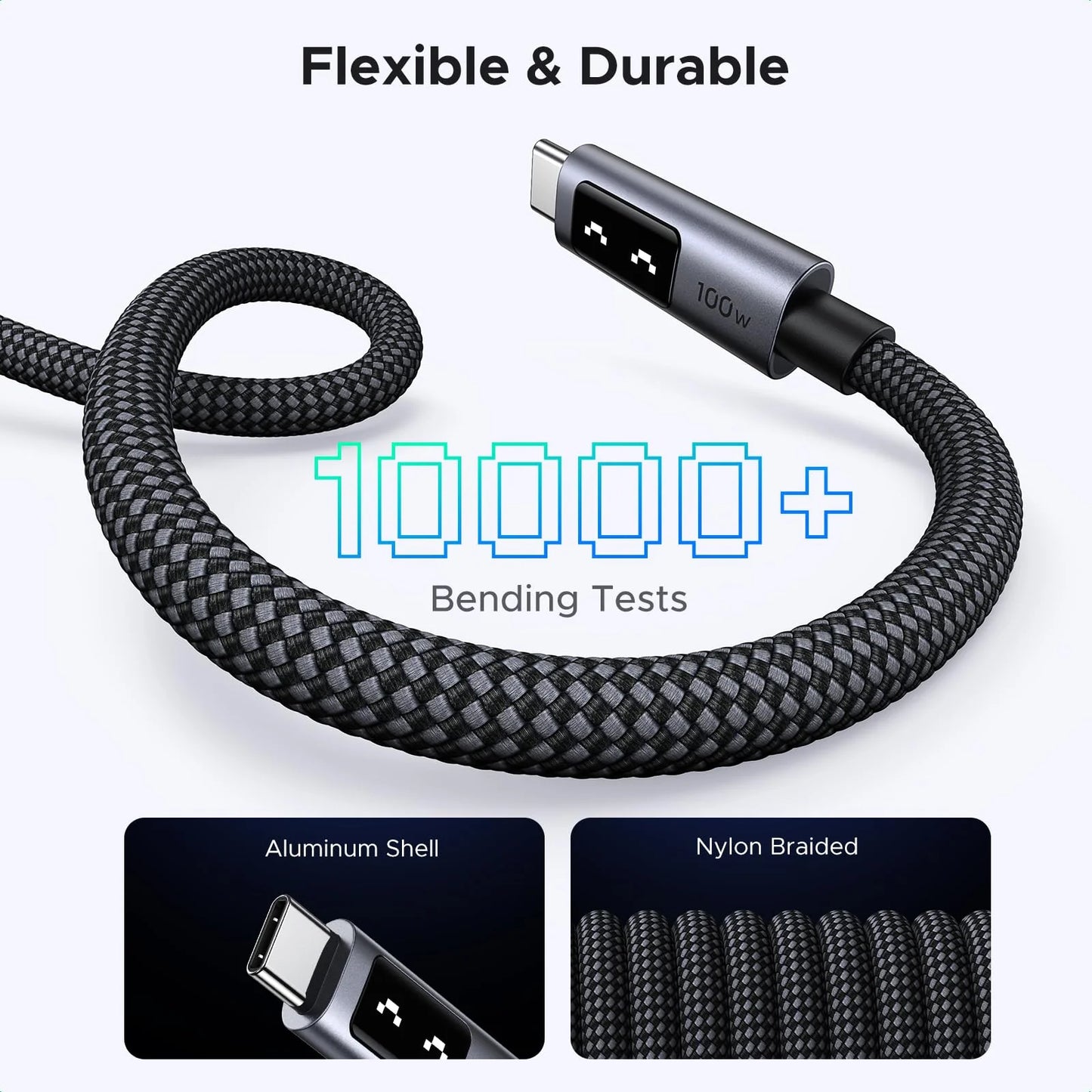 UGREEN UNO USB-C To USB-C PD Fast Charging Cable 1M 100W Smart LED Display Nylon Braided Durable Design 480Mbps Data Transfer Compatible With Laptops Tablets
