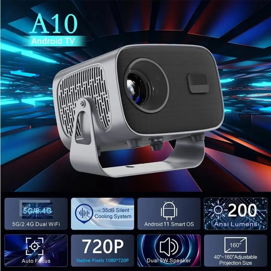 A10 LED Smart Projector Android 13 Dual WiFi Bluetooth 5.0 200 ANSI Lumens Auto Focus Portable Dual 5W Speakers Adjustable 40-160 Inch Projection
