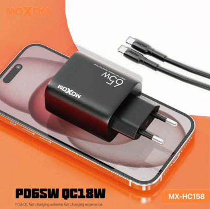 MOXOM MX HC158 65W GaN PD Wall Charger With Dual USB C And USB A Ports, QC 18W Fast Charging, PPS Support, EU Plug, Type C Cable Included, Compact Design