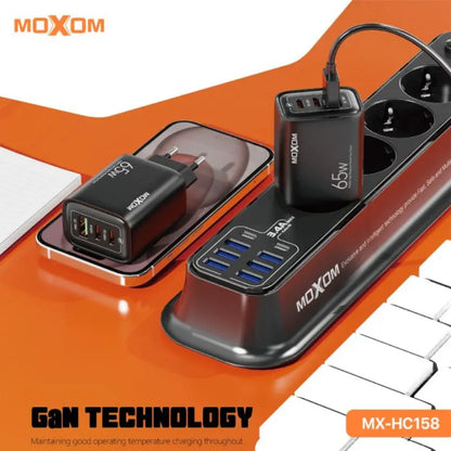 MOXOM MX HC158 65W GaN PD Wall Charger With Dual USB C And USB A Ports, QC 18W Fast Charging, PPS Support, EU Plug, Type C Cable Included, Compact Design