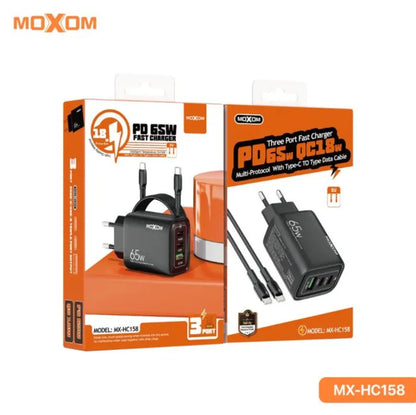MOXOM MX HC158 65W GaN PD Wall Charger With Dual USB C And USB A Ports, QC 18W Fast Charging, PPS Support, EU Plug, Type C Cable Included, Compact Design