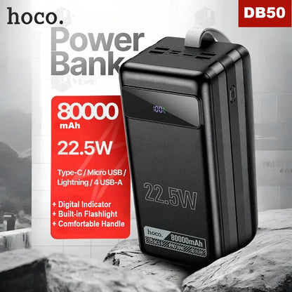 HOCO DB50 80000mAh Power Bank – 22.5W Fast Charging, 6 Outputs (USB + Type-C), LED Display, Built-In Flashlight, Multi-Protection