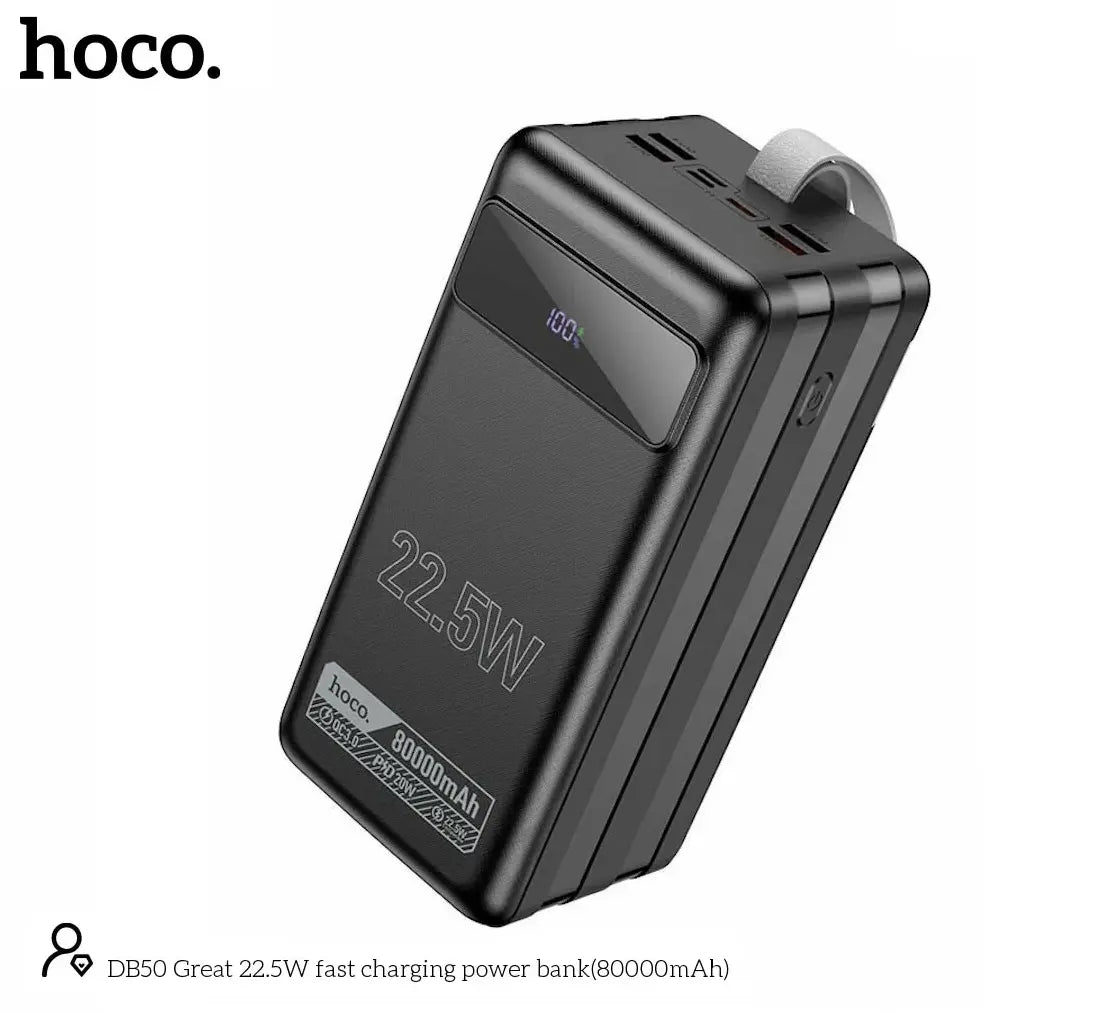 HOCO DB50 80000mAh Power Bank – 22.5W Fast Charging, 6 Outputs (USB + Type-C), LED Display, Built-In Flashlight, Multi-Protection