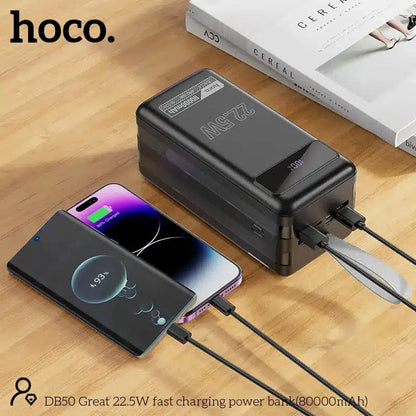 HOCO DB50 80000mAh Power Bank – 22.5W Fast Charging, 6 Outputs (USB + Type-C), LED Display, Built-In Flashlight, Multi-Protection