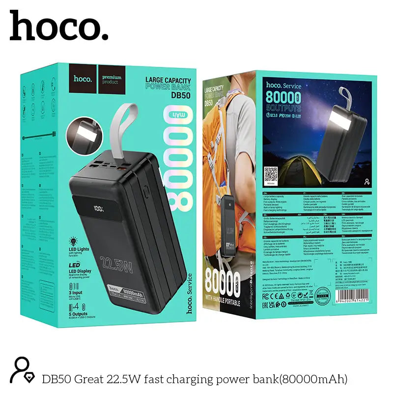 HOCO DB50 80000mAh Power Bank – 22.5W Fast Charging, 6 Outputs (USB + Type-C), LED Display, Built-In Flashlight, Multi-Protection