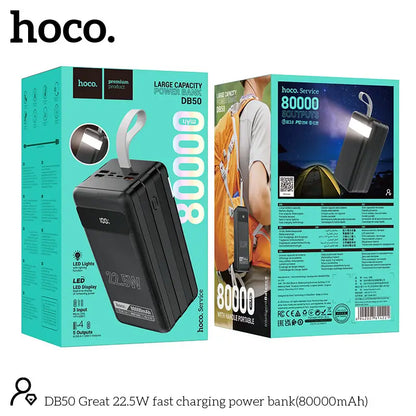 HOCO DB50 80000mAh Power Bank – 22.5W Fast Charging, 6 Outputs (USB + Type-C), LED Display, Built-In Flashlight, Multi-Protection