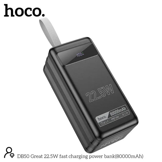 HOCO DB50 80000mAh Power Bank – 22.5W Fast Charging, 6 Outputs (USB + Type-C), LED Display, Built-In Flashlight, Multi-Protection