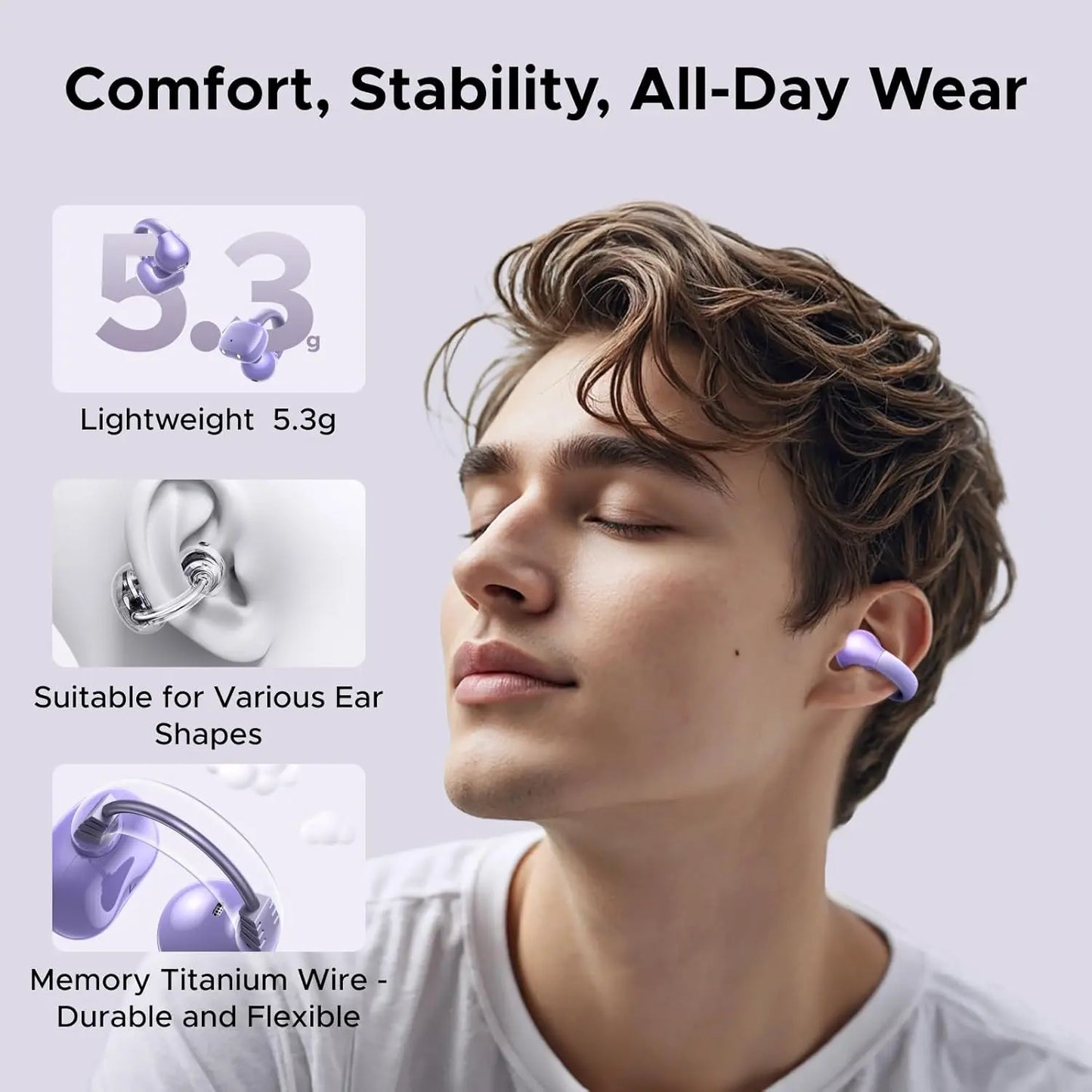 UGREEN HiTune S3 Open Ear Bluetooth 5.4 Earbuds 30H Playtime IPX5 Waterproof Clip-On Headphones, 12mm Drivers, ENC Mic, Low Latency Game Mode - Purple | White | Black