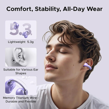 UGREEN HiTune S3 Open Ear Bluetooth 5.4 Earbuds 30H Playtime IPX5 Waterproof Clip-On Headphones, 12mm Drivers, ENC Mic, Low Latency Game Mode - Purple | White | Black