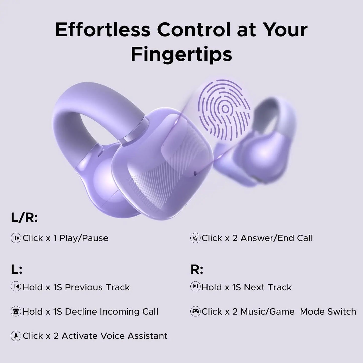 UGREEN HiTune S3 Open Ear Bluetooth 5.4 Earbuds 30H Playtime IPX5 Waterproof Clip-On Headphones, 12mm Drivers, ENC Mic, Low Latency Game Mode - Purple | White | Black