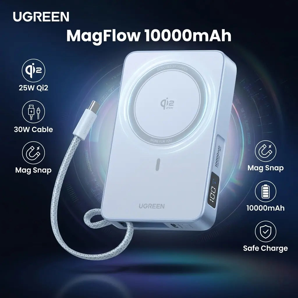 UGREEN MagFlow 10000mAh Magnetic Power Bank, Qi2 25W Wireless Charging, 30W USB-C Built-In Cable, 17 Magnet Snap for MagSafe , Fast Charge for iPhone 12-17 Compatible | BLUE