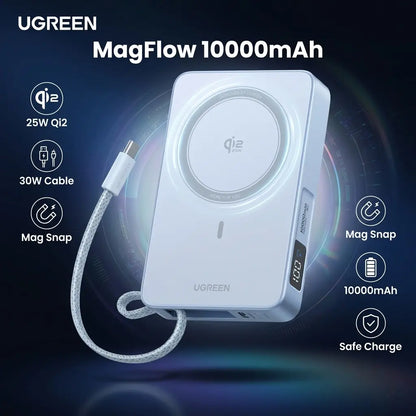 UGREEN MagFlow 10000mAh Magnetic Power Bank, Qi2 25W Wireless Charging, 30W USB-C Built-In Cable, 17 Magnet Snap for MagSafe , Fast Charge for iPhone 12-17 Compatible | BLUE