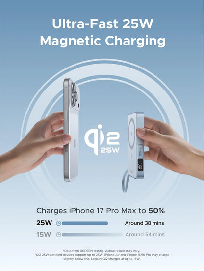 UGREEN MagFlow 10000mAh Magnetic Power Bank, Qi2 25W Wireless Charging, 30W USB-C Built-In Cable, 17 Magnet Snap for MagSafe , Fast Charge for iPhone 12-17 Compatible | BLUE