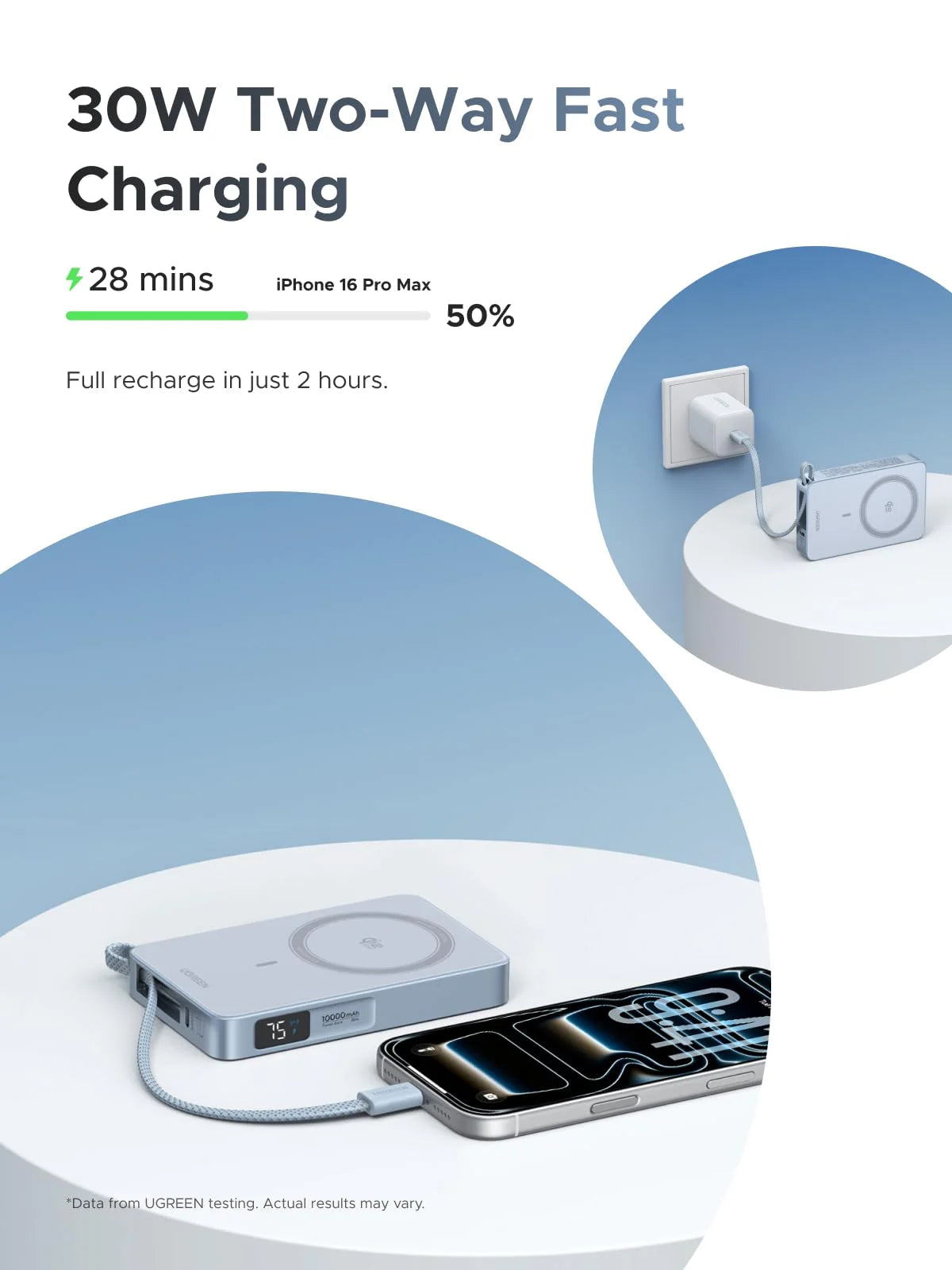UGREEN MagFlow 10000mAh Magnetic Power Bank, Qi2 25W Wireless Charging, 30W USB-C Built-In Cable, 17 Magnet Snap for MagSafe , Fast Charge for iPhone 12-17 Compatible | BLUE