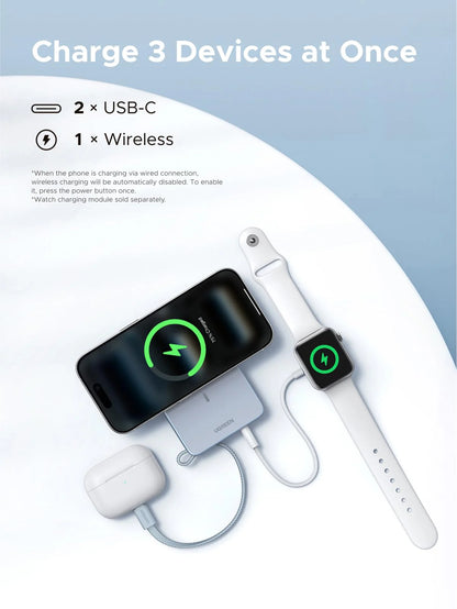UGREEN MagFlow 10000mAh Magnetic Power Bank, Qi2 25W Wireless Charging, 30W USB-C Built-In Cable, 17 Magnet Snap for MagSafe , Fast Charge for iPhone 12-17 Compatible | BLUE