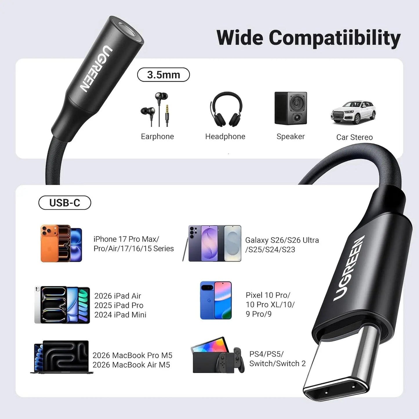 UGREEN USB-C To 3.5mm Audio Adapter – 24bit/96kHz Hi-Fi DAC, AUX Headphone Jack, Inline Control, Braided Cable, Compatible With iPhone 17/16, Galaxy S26/S25, Pixel, iPad, PS5