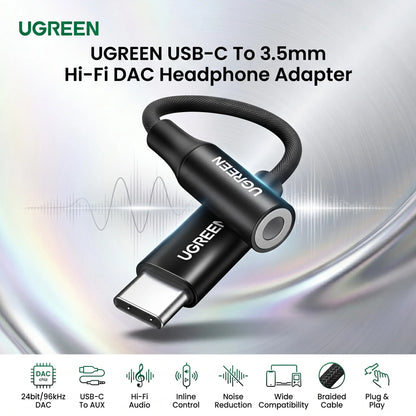 UGREEN USB-C To 3.5mm Audio Adapter – 24bit/96kHz Hi-Fi DAC, AUX Headphone Jack, Inline Control, Braided Cable, Compatible With iPhone 17/16, Galaxy S26/S25, Pixel, iPad, PS5