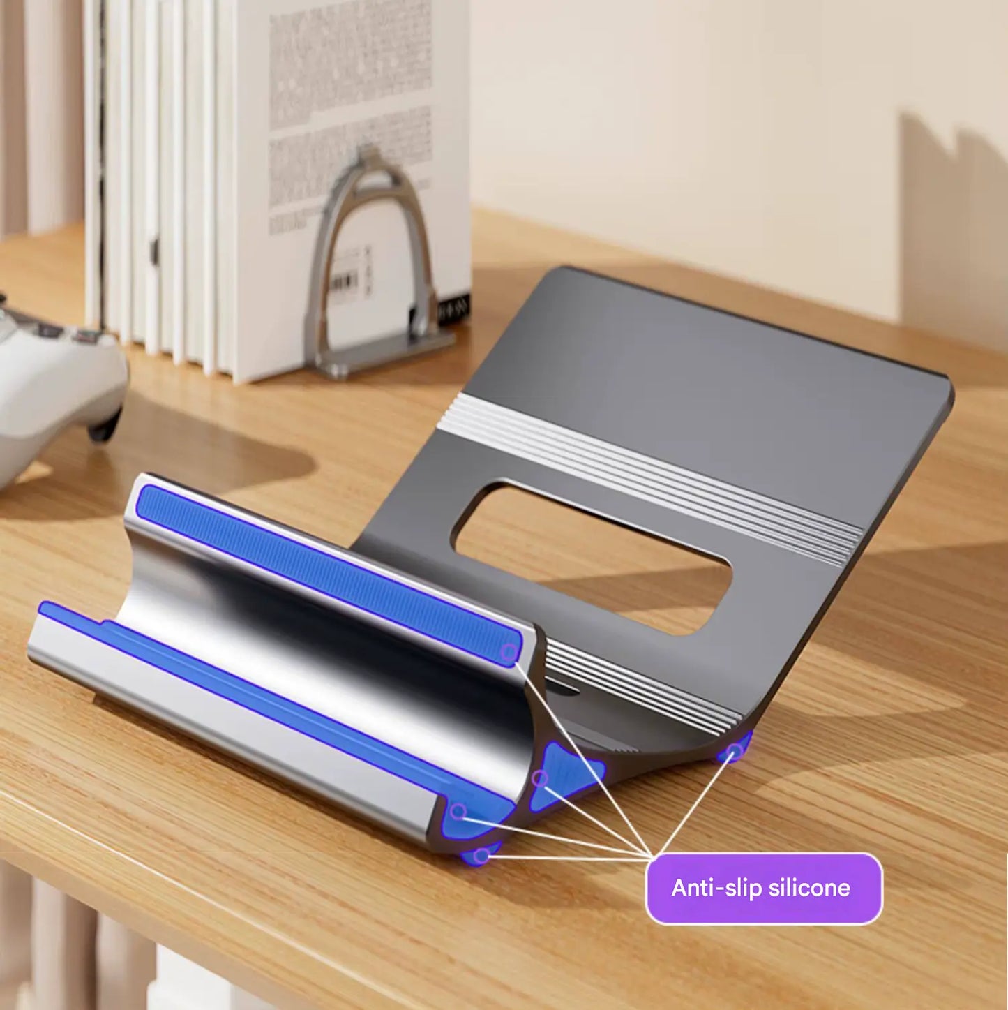Multi-Position 4 Slot Vertical Laptop Stand, Aluminum Adjustable Dock For Up To 4 Devices, Laptop – Tablet – Phone Universal Holder, 0.5 To 1.5 Inch Thickness Hold, Anti Scratch Silicone Stable Base | Grey ~ N96