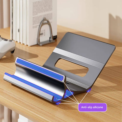 Multi-Position 4 Slot Vertical Laptop Stand, Aluminum Adjustable Dock For Up To 4 Devices, Laptop – Tablet – Phone Universal Holder, 0.5 To 1.5 Inch Thickness Hold, Anti Scratch Silicone Stable Base | Grey ~ N96