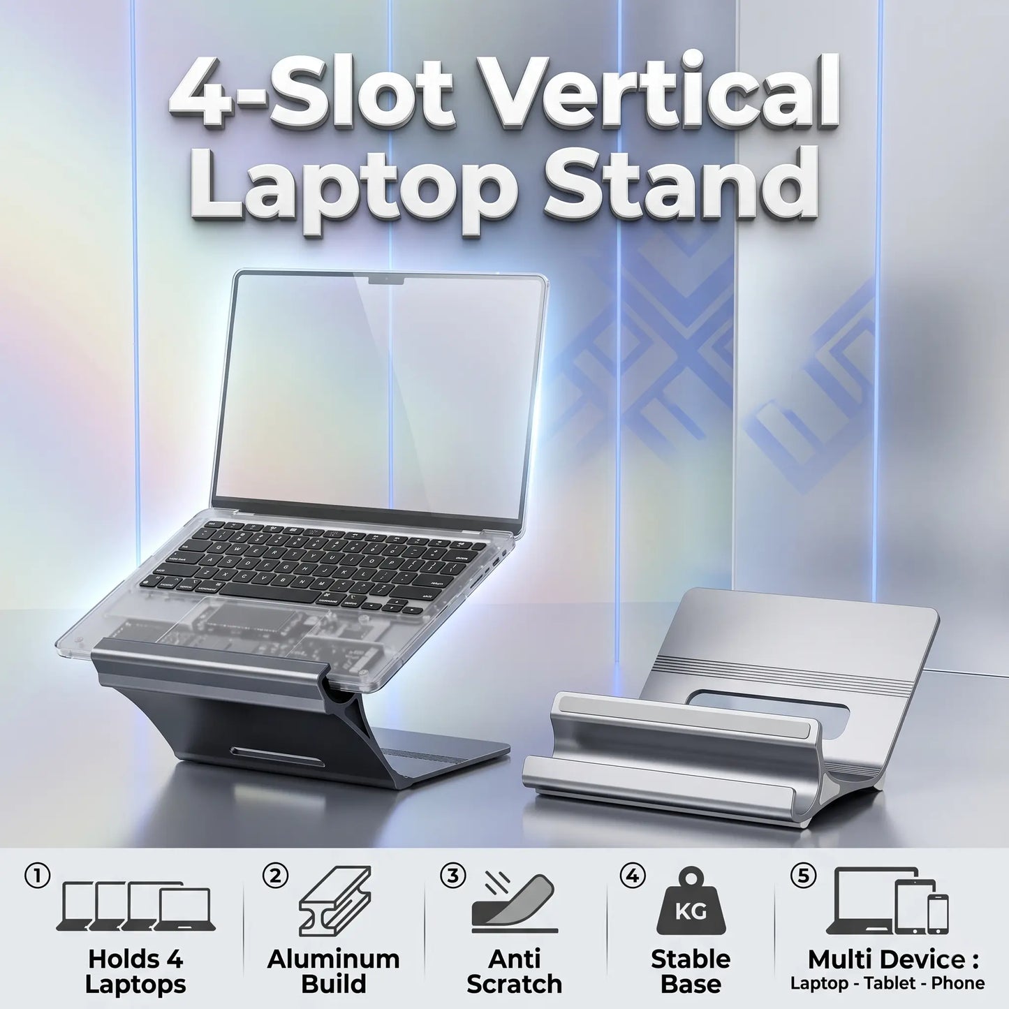 Multi-Position 4 Slot Vertical Laptop Stand, Aluminum Adjustable Dock For Up To 4 Devices, Laptop – Tablet – Phone Universal Holder, 0.5 To 1.5 Inch Thickness Hold, Anti Scratch Silicone Stable Base | Grey ~ N96