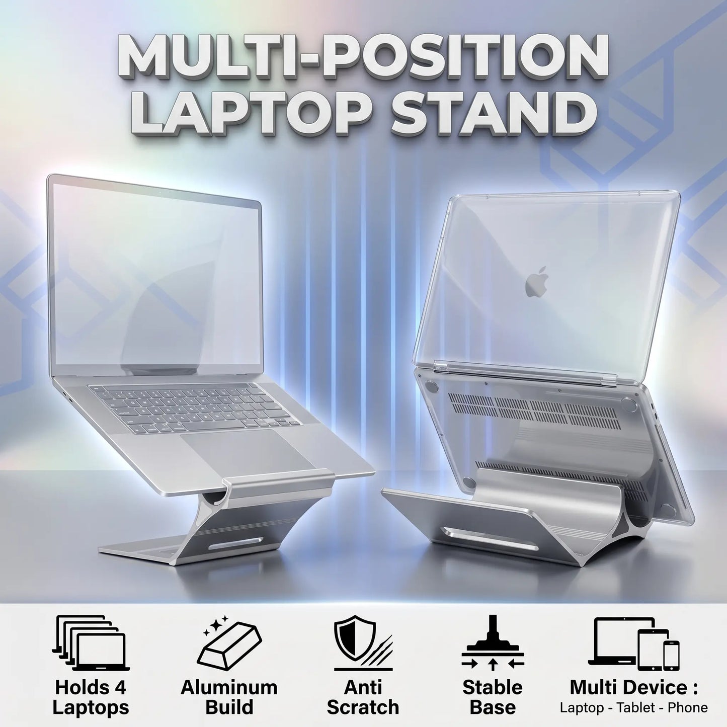 Multi-Position 4 Slot Vertical Laptop Stand, Aluminum Adjustable Dock For Up To 4 Devices, Laptop – Tablet – Phone Universal Holder, 0.5 To 1.5 Inch Thickness Hold, Anti Scratch Silicone Stable Base | Grey ~ N96